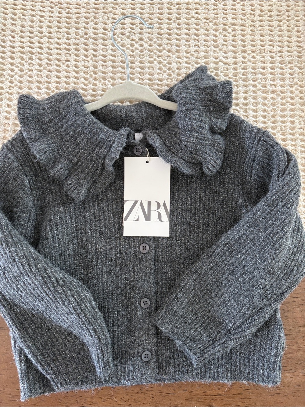 Zara Dark Gray Ruffled Collar Knit Cardigan